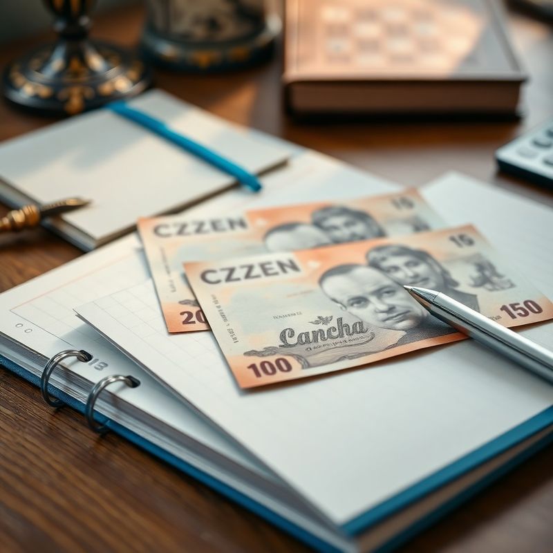 Bankovky, spořicí kniha a azurový poznámkový blok na dřevěném stole